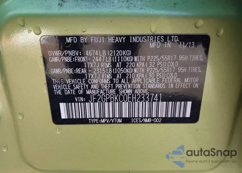 2014 Subaru Xv Crosstrek Hybrid 2.0I Touring z USA, uszkodzony, nr VIN JF2GPBKC0EH233741